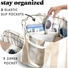 image:imageFit amp Fresh All The Things XL Beach Bag for Women Oversized Travel Tote  Zip Closure 3 Interior Pockets 1 Large Zip Pocket Dual Carry Handles Canvas Weekender  Pool College Laundry GroceriesTaupe Stripe