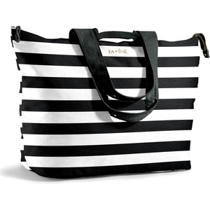 image:imageFit amp Fresh All The Things XL Beach Bag for Women Oversized Travel Tote  Zip Closure 3 Interior Pockets 1 Large Zip Pocket Dual Carry Handles Canvas Weekender  Pool College Laundry GroceriesBlack  White Stripe