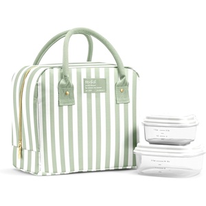 image:imageFit amp Fresh Bloomington Lunch Bag for Women  Insulated Large Lunch Box for Work with Containers LeakResistant StainResistant Zipper Closure Rowing Stripe BlueThick Stripe Sage