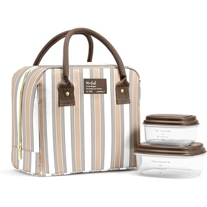 image:imageFit amp Fresh Bloomington Lunch Bag for Women  Insulated Large Lunch Box for Work with Containers LeakResistant StainResistant Zipper Closure Rowing Stripe BlueTaupe Stripe