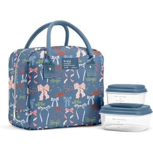 image:imageFit amp Fresh Bloomington Lunch Bag for Women  Insulated Large Lunch Box for Work with Containers LeakResistant StainResistant Zipper Closure Rowing Stripe BlueDenim Bows