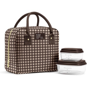 image:imageFit amp Fresh Bloomington Lunch Bag for Women  Insulated Large Lunch Box for Work with Containers LeakResistant StainResistant Zipper Closure Rowing Stripe BlueBrown and Tan Gingham
