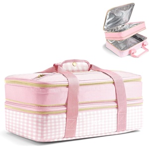 image:imageFit amp Fresh Insulated Double Decker Casserole Carrier for Hot amp Cold Food  Fits two 9x13 pans Expandable LeakResistant Durable Portable Food Carrier For Potlucks Tailgating Picnics PartiesPink Gingham