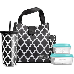 image:imageFit amp Fresh Lunch Bag For Women Insulated Womens Lunch Bag For Work Leakproof amp StainResistant Large Lunch Box For Women With Containers and Matching Tumbler Snap Closure Westport Bag AquaBlack  White Ikat Tile