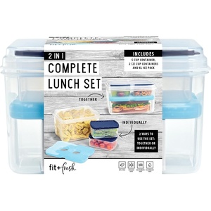 image:imageFit amp Fresh Plastic Lunch Container Bento Box For Adults and Kids Divided Reusable Lunch Container With 3 Compartments For Work School Travel 3 Piece Entree Set With Ice PackComplete Lunch Set