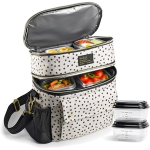 image:imageFit amp Fresh Westminster Dual Compartment Insulated Lunch Bag wContainers  Durable Lunch Box for Women LeakResistant Large Capacity Cooler Meal Prep Lunch Tote For Nurses Teachers School WorkTaupe and Black Dot