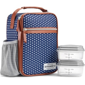 image:imageFoundry by Fit  Fresh Thayer Insulated Lunch Bag with 2 Food Containers amp 18oz Stainless Steel Tumbler Reusable Lunch Box Mini Cooler Bag Perfect for Work College PicnicsNavy  White Dot
